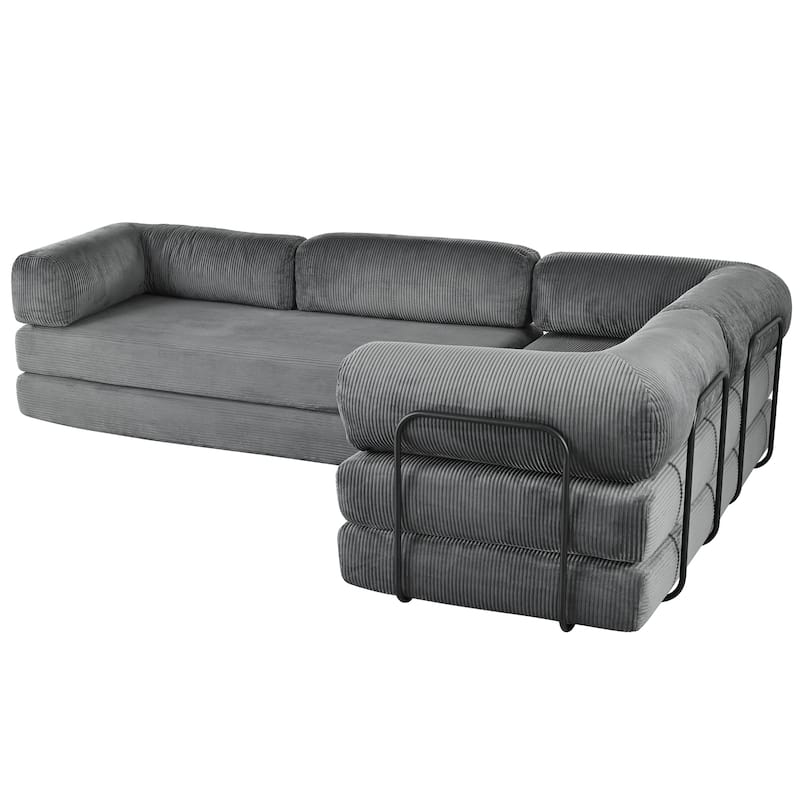 L-Shaped Modular Sofa Bed Corduroy Fabric Sleeper Sectional Couches Floor Chaise Lounge with L-shape Iron Frame Support