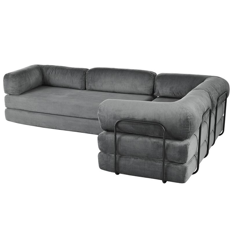 Roomfitters Modern L-Shaped Modular Sofa Bed, Corduroy Convertible Sleeper Sectional Couch with Industrial Metal Frame