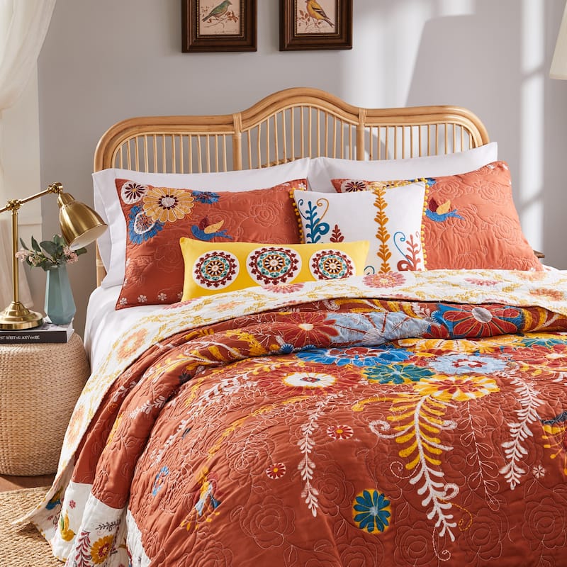 Barefoot Bungalow Topanga Orange Bohemian Floral Quilted Bedding Set
