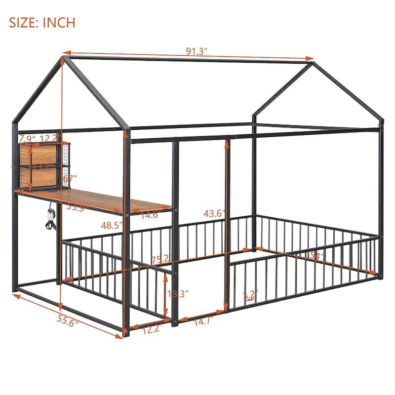 Full Size Metal Bed House Bed Frame with Desk, Shelves, Power Outlets and USB Ports