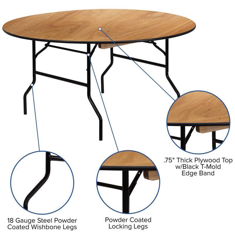 60-inch Round Wood Folding Banquet Table with Finished Top
