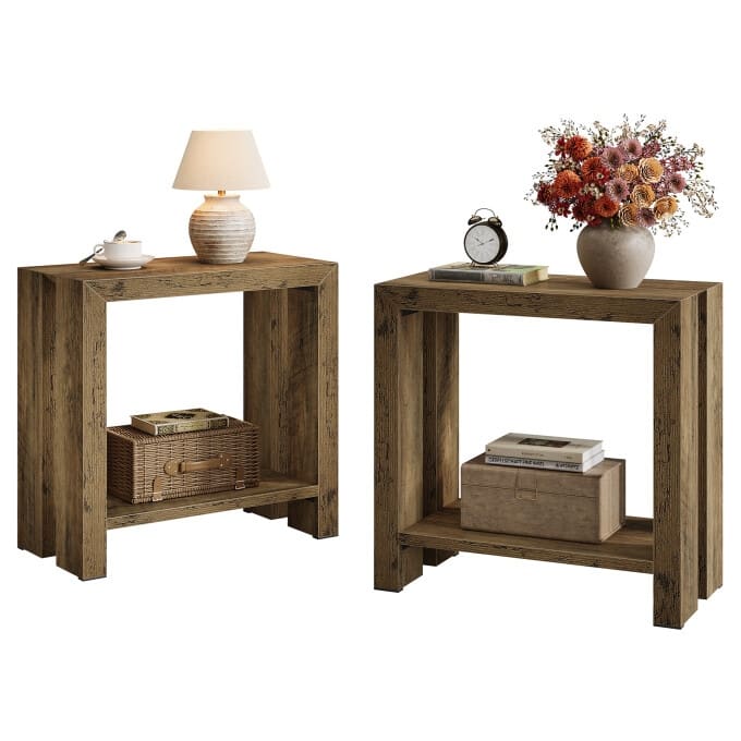 23.62'' Rustic Side Table, Wooden End Table, Night Stand with Shelf - 2PC