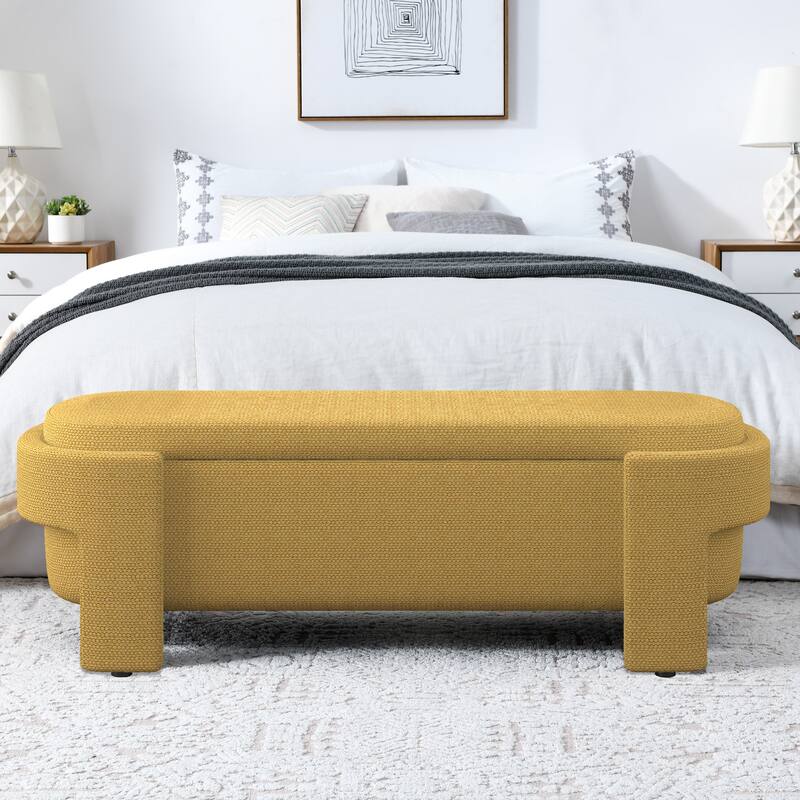 Oval Storage Bench Linen Upholstered Entryway Bench Ottoman Bench - Yellow
