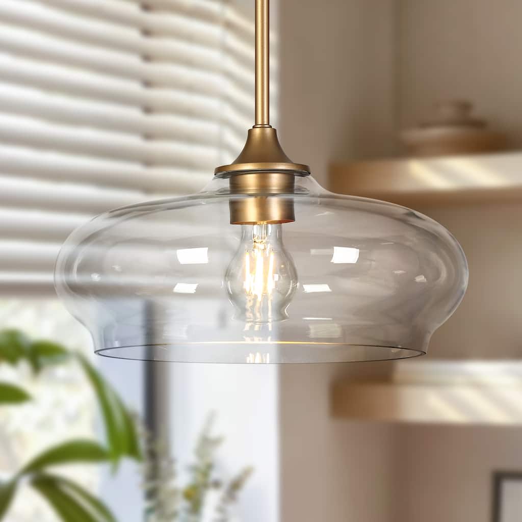 Modern Farmhouse Gold 12.6" W Pendant Light with Clear Glass for Kitchen Island - 12.6" Dia. x 6.3" H