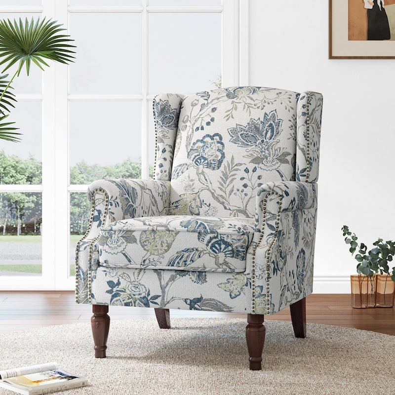 Mid-Century Modern Linen/ Vegan Leather Wing Back Accent Chair - Plants Blue-Linen