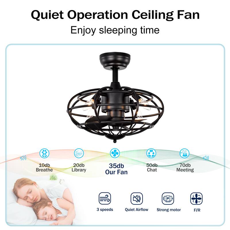 Cage Style Ceiling Fan Light with 3 Blades and Remote Control, Adjustable Fan Speed for Bedroom and Living Room