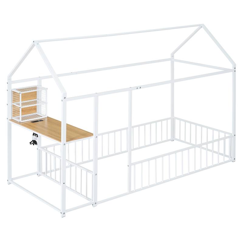 Twin Size Metal House Platform Bed Frame with Built-In Desk, USB Charging And Storage Shelves