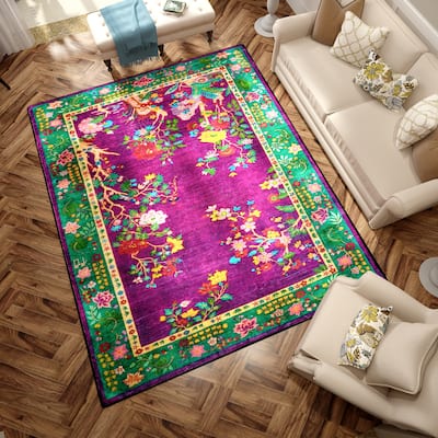 Rustic Floral Abstract Indoor Rug Purple Anti-slip & Washable