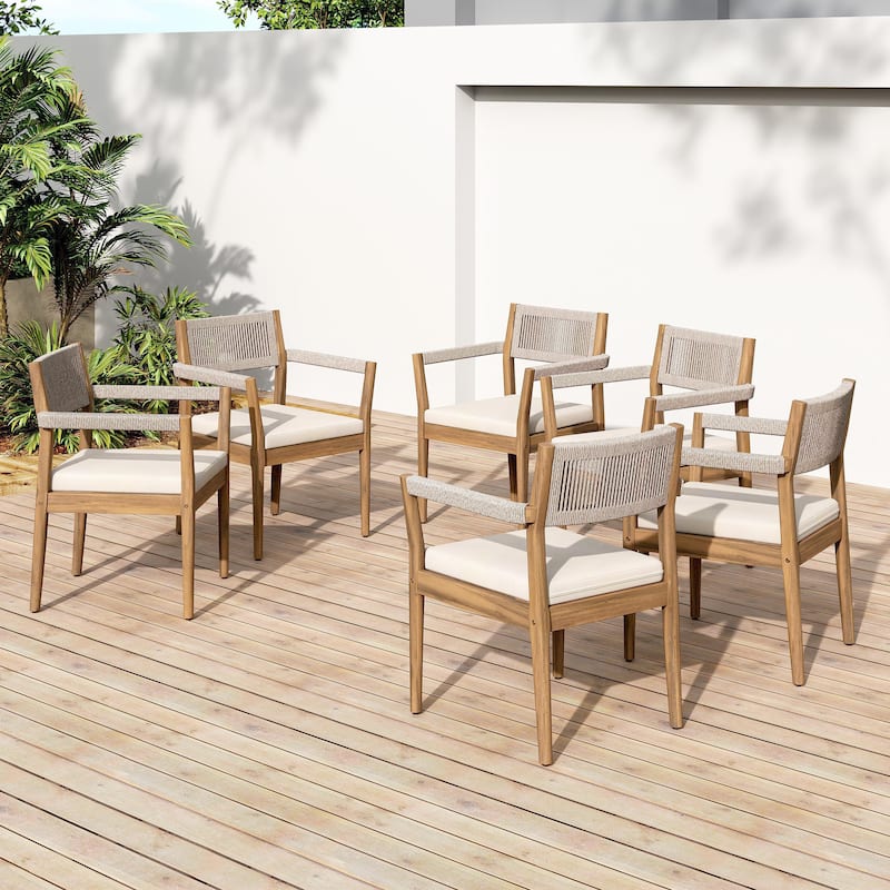 Braided Acacia Wood Outdoor Dining Table and Chairs Set of 6, All-Weather Patio Furniture for Garden, Poolside, and Backyard