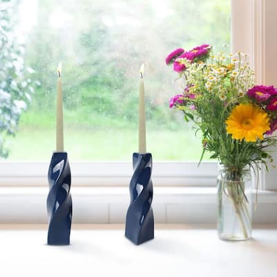 Set of Two Tall Curvy Santa Fe Style Candlesticks in Marine Blue