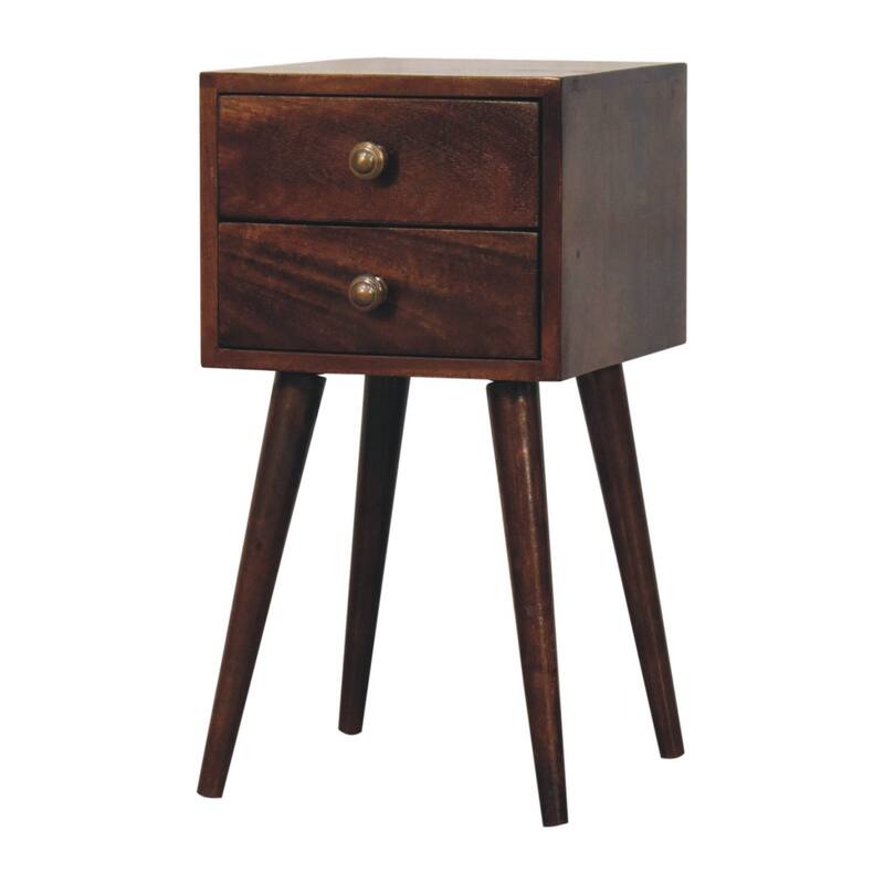 Mini Solid Wood Bedside with 2 Drawers, Scandinavian Legs, Dark Brown