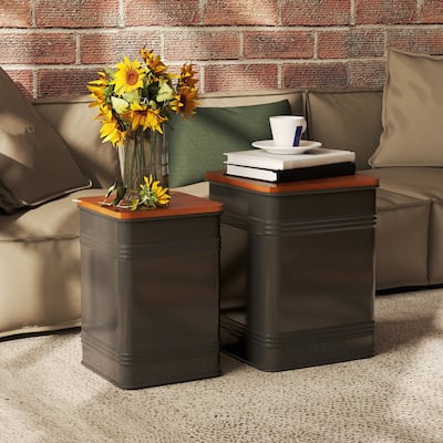 Set of 2 Black Metal Storage Ottomans with Walnut Removable Wood Lids for Living Room or Bedroom - 14.6" W x 14.6" D x 19.1" H