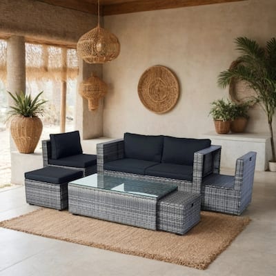 [6-Piece] Grey Wicker Patio Sectional Set – Space-Saving Conversation Set with Black Cushions‌.