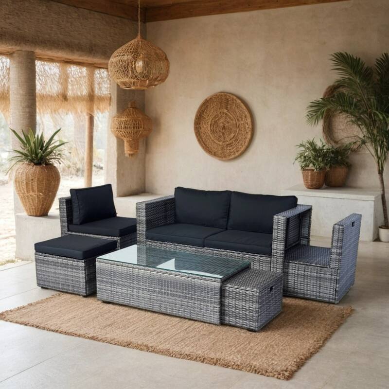 6 Pieces Outdoor PE Wicker Patio Sectional Sofa Set with Coffee Table and Removable Cushions