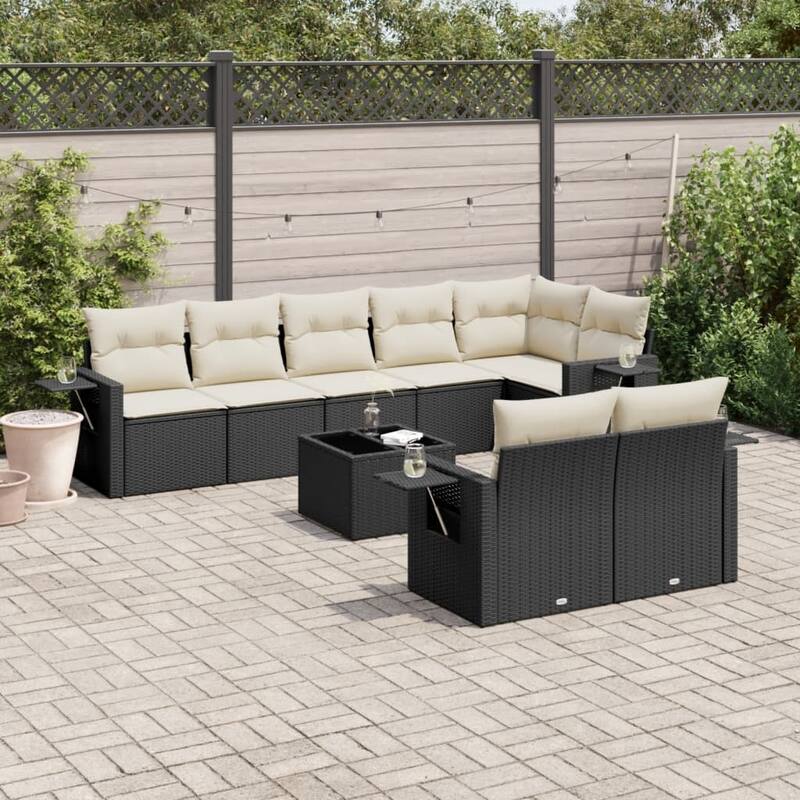 vidaXL Garden Sofa Set Black - Black and cream 9 Piece Set With table