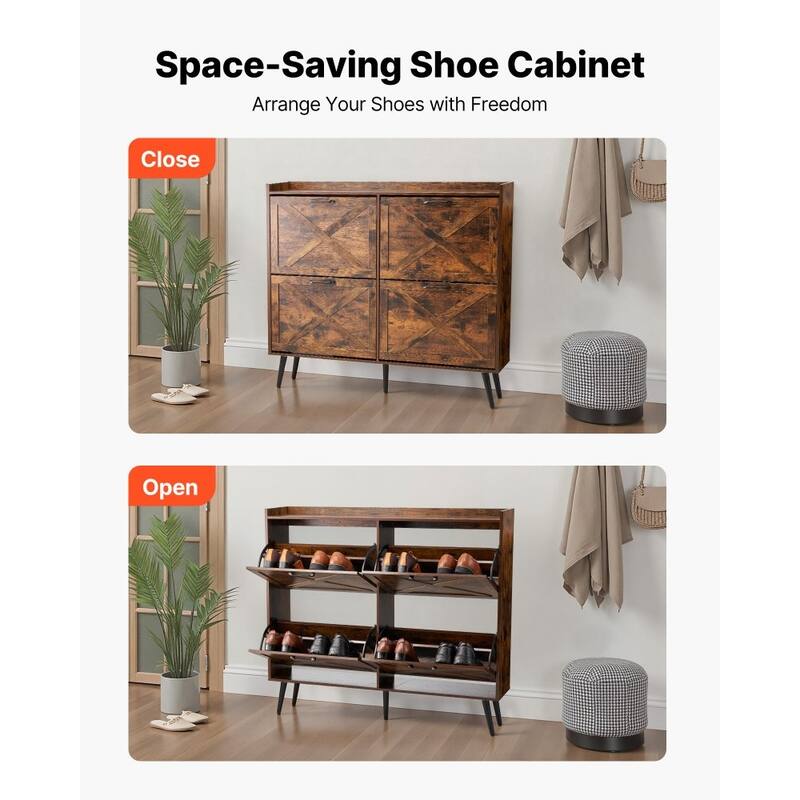 4-Drawer Brown Shoe Organizer Cabinet with Adjustable Flip Storage for Entryway Hallway or Foyer - 47.24 x 9.45 x 41.34 in