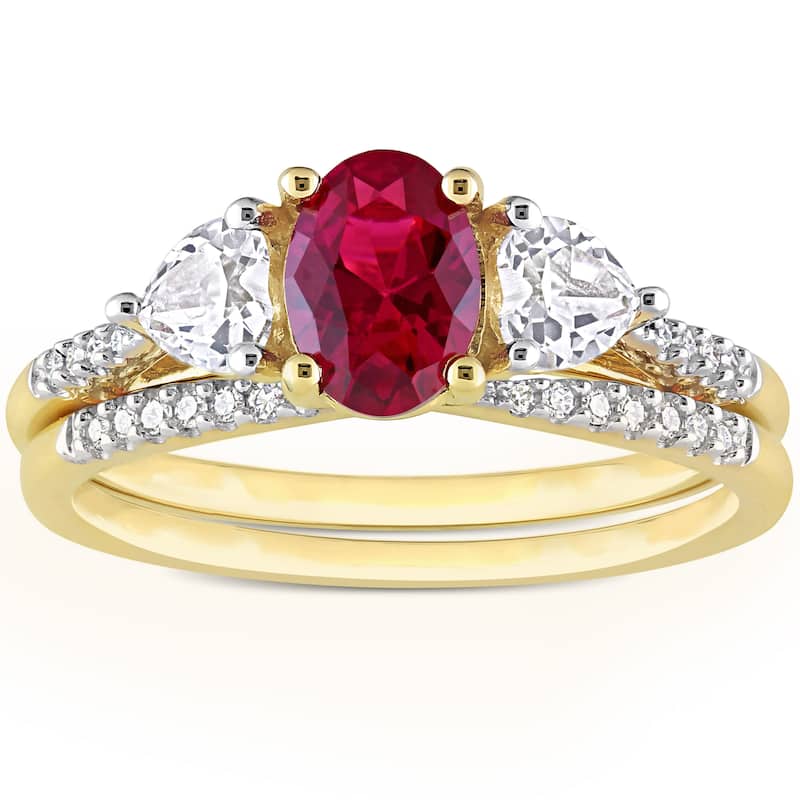 Miadora 10k Yellow Gold Created Ruby White Sapphire & 1/10ct TDW Diamond 3-Stone Bridal Ring Set
