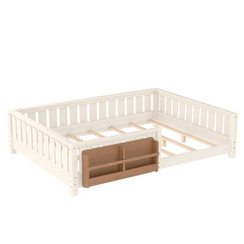 Montessori Floor Bed Low Profile Kids Bed with Rails & Bookshelf
