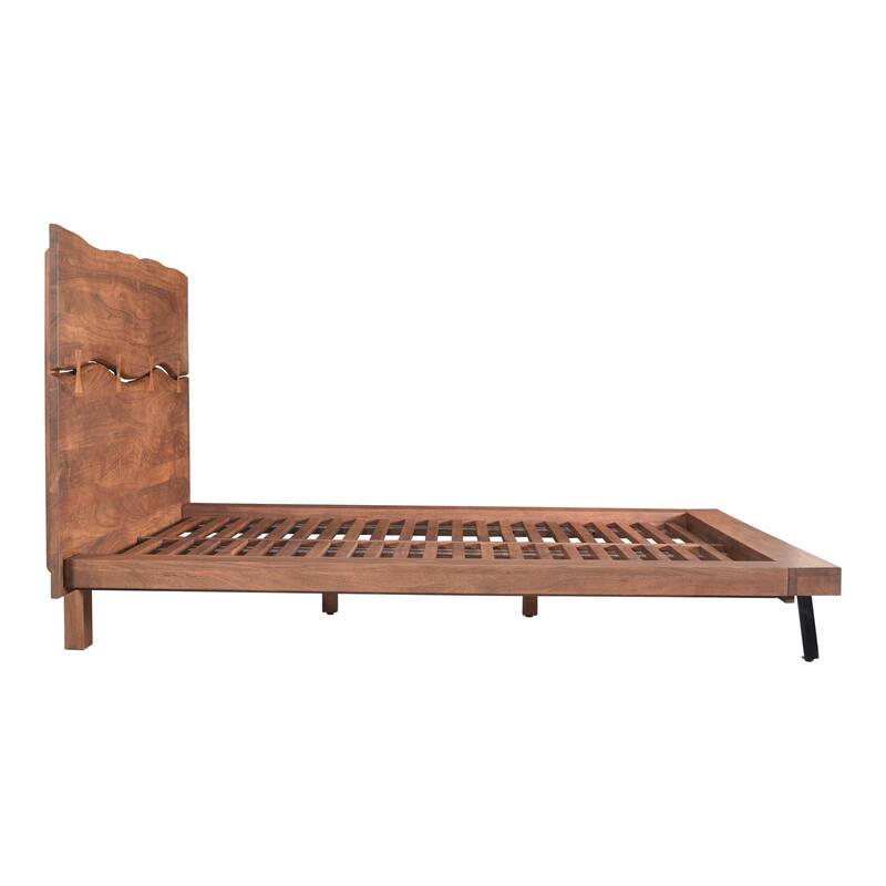 NADAAL STUDIOS Sterling Brown Solid Acacia Queen Platform Bed with Organic Edge Headboard and Steel Legs