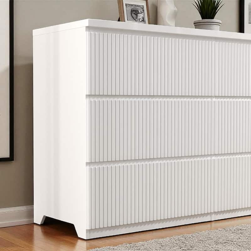 6 Drawer White Dresser, Modern Wide Storage Cabinet with Wavy Drawer Panels, Wood Chest Organizer for Bedroom and Entryway