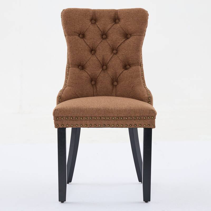 Upholstered Linen Dining Chair with Wood Legs Nailhead Trim 2-Pcs Set