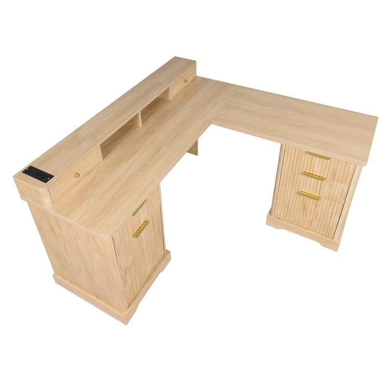 Executive L Shaped Desk Home Office Desk with Charging Station, Corner Computer Desk with Monitor Stand, Drawer, Storage Cabinet