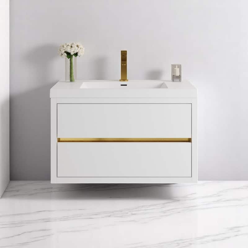 24"/30"/36" Wall-Mounted Bathroom Vanity with Sink, Floating Cabinet, Stone Resin Countertop, Glossy White, Soft-Close Drawers - 36