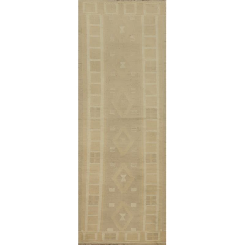Hand Woven Oriental 100% Wool Carpet Southwestern Tribal Beige & Ivories Kilim Runner Rug - 10' 0'' X 2' 9''