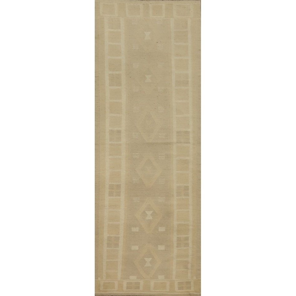 Hand Woven Oriental 100% Wool Carpet Southwestern Tribal Beige & Ivories Kilim Runner Rug - 10' 0'' X 2' 9''