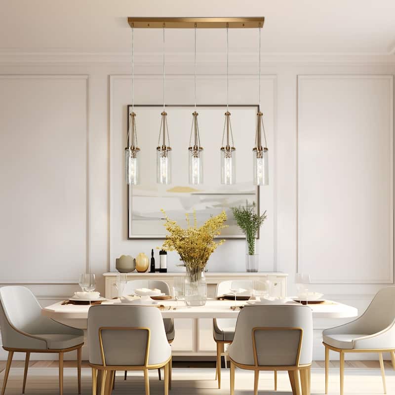 Modern 5-Light Gold Cylinder Glass Chandelier Linear Island Lights for Dining Room - L41.3" x H82.2" Max