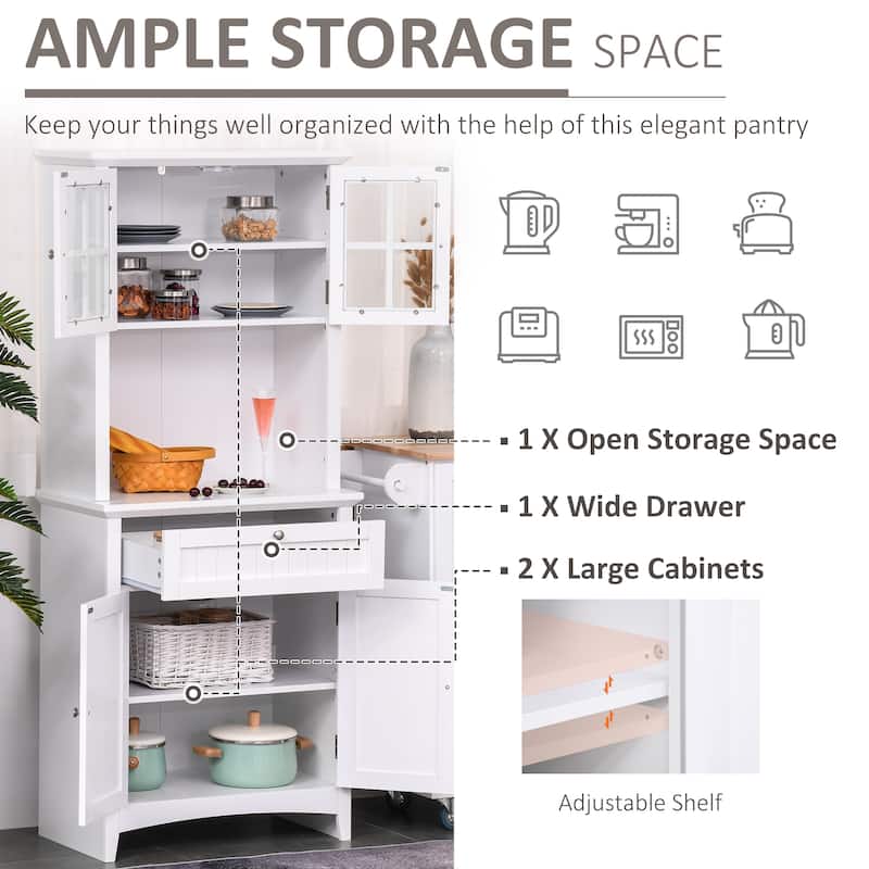 HOMCOM Kitchen Buffet Hutch Wooden Storage Cupboard with Framed Glass Door, Drawer and Microwave Space - 27"x15.75"x64.5"