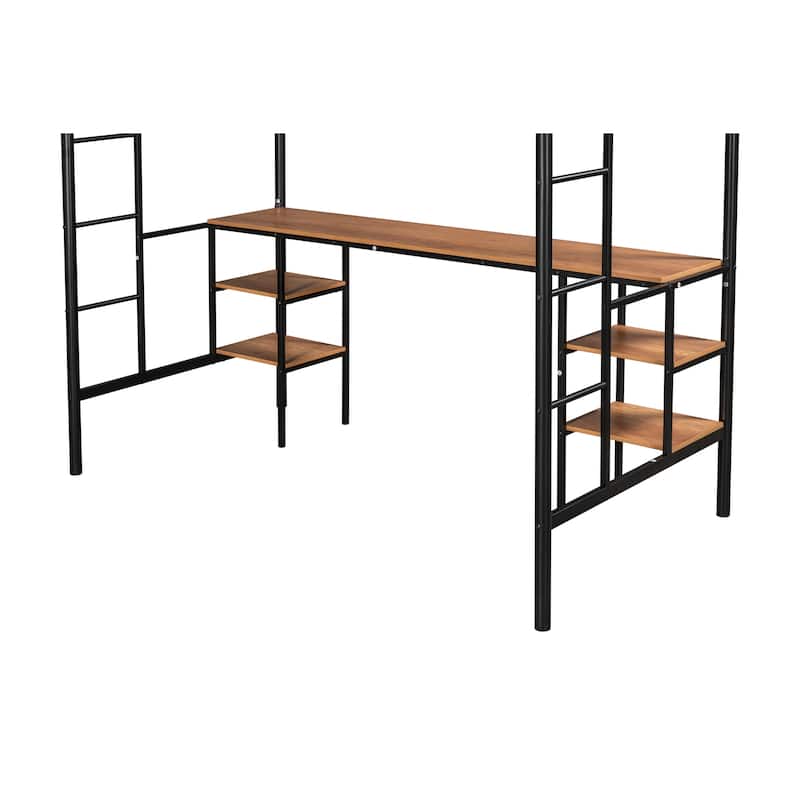 Sturdy Twin Loft Bed with Table, Shelves & 2 Ladders, Metal Frame, Guardrail