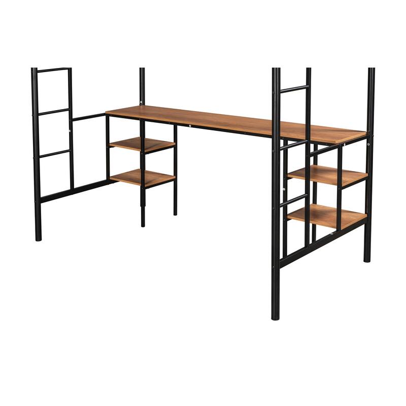 Twin Size Metal Loft Bed with Built-in Desk & Shelves, Heavy-duty Metal Bedframe with Guardrails, Twin High Loft Bed for Kids