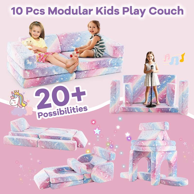 Gymax 10 Pcs Modular Kids Play Couch Sectional Sofa Glow in the Dark