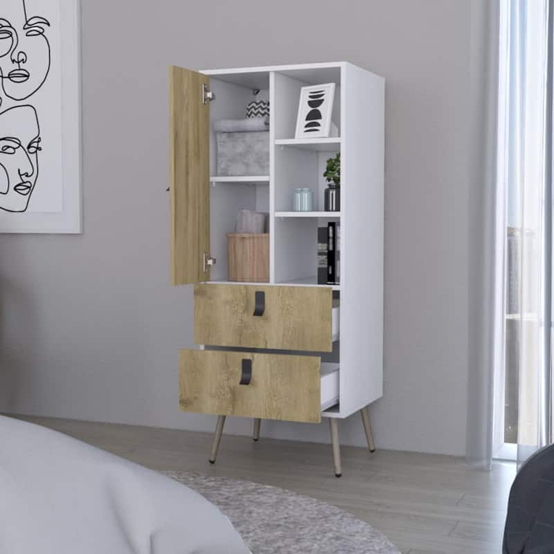 Two-Tone Tall Dresser with 2 Drawers Door and Shelf Vertical Wood Storage Organizer for Bedroom or Office