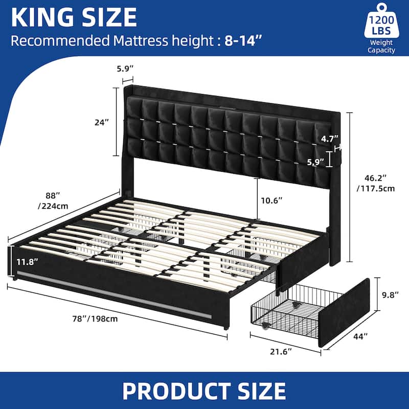 Moasis King Size Velvet Platform Bed with 4 Drawers RGB Lights and Charging Station No Box Spring Needed - Black - King