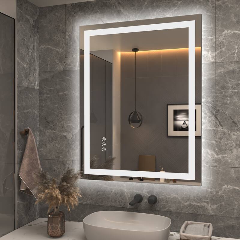 Apmir Front & Back LED Lighted Anti-fog Wall Bathroom Vanity Mirror with Tempered Glass & ETL - 36" x 28"