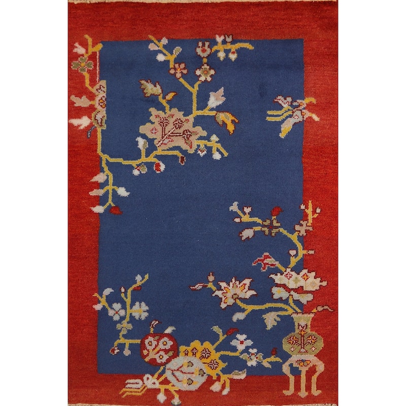 Blue & Red Floral Art Deco Oriental Rug Handmade Wool Carpet - 3'11" x 5'11"