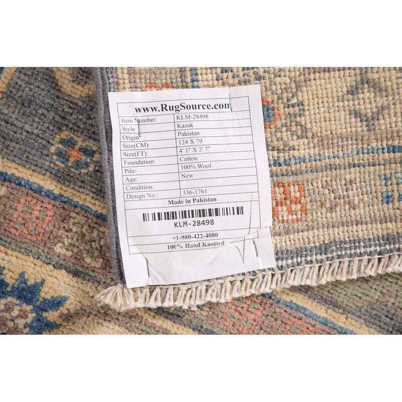 Geometric Gray Kazak Accent Rug Wool Carpet - 2'7" x 4'1"