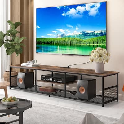 VECELO 55 Inch Brown TV Stand TV Media Console Table Entertainment Center with Power Outlets and Open Storage Shelves