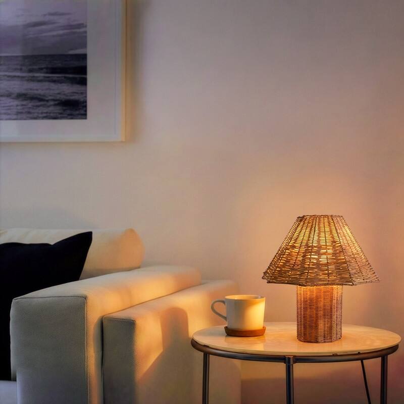 Brightech Leon 13 in. Woven Beige Rattan Mid-Century Coastal LED Bedside Nightstand Desk Lamp with Matching Woven Empire Shade