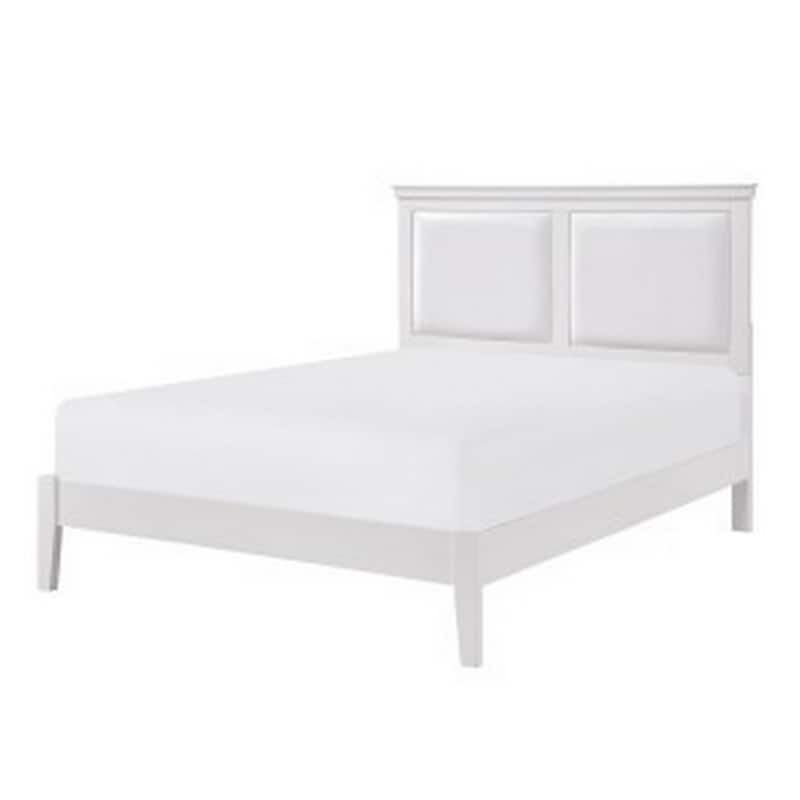 Brite Queen Size Bed, White Faux Leather Upholstered Headboard, Low Profile