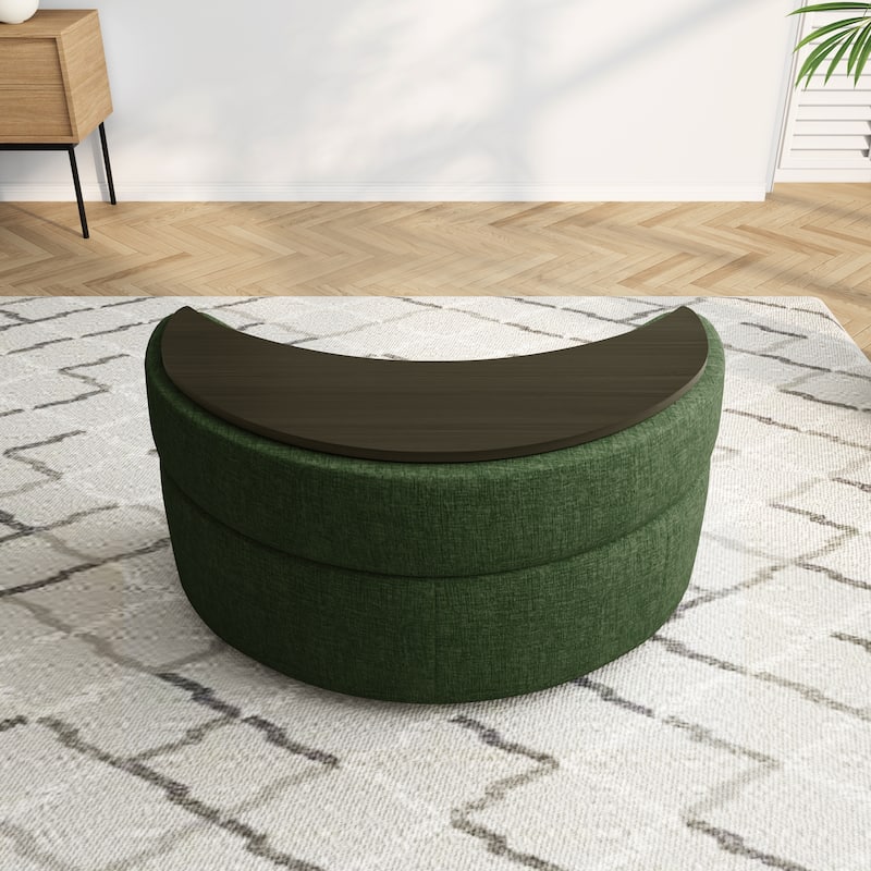 Upholstered Chenille Boucle Half Moon Storage Ottoman with Tray