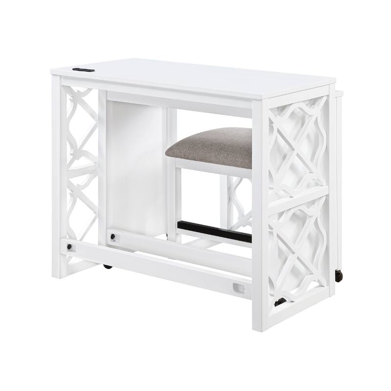Syna 3 Piece Nesting Desk and Stool Set, White Wood, Gray Polyester
