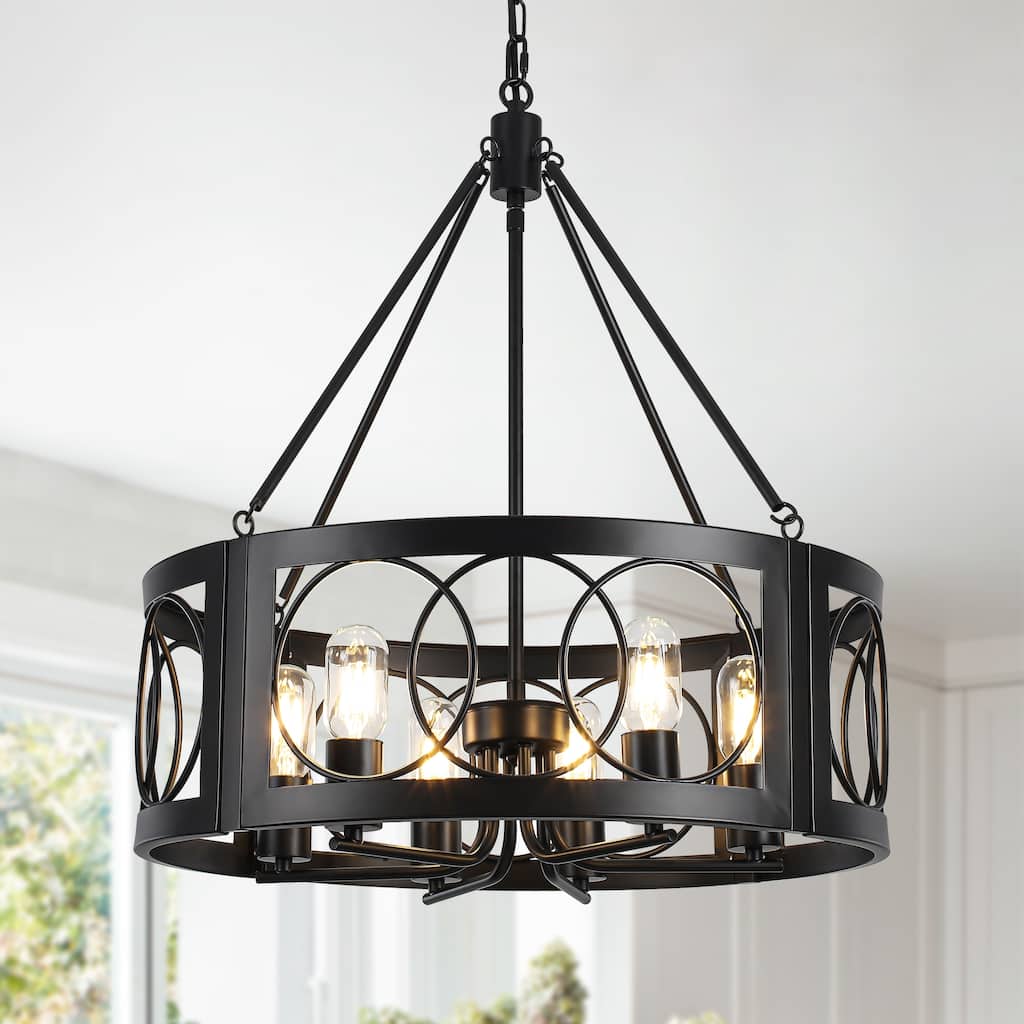 Farmhouse 6-Light Black Metal Drum Pendant Light for Dining Room & Kitchen Island