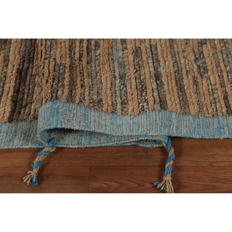 Brown Striped Moroccan Modern Area Rug Hand-Knotted Wool Carpet - 8'9"x 13'0"