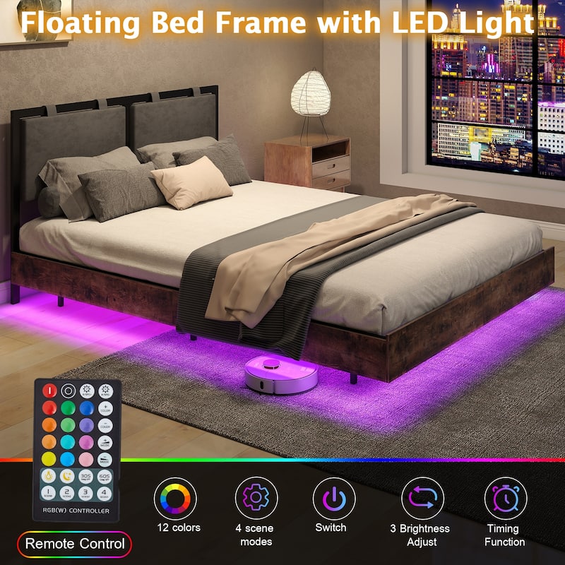 Floating Bed Frame with LED Lights, Hanging Upholstered Headboard No Box Spring Needed,Full Size