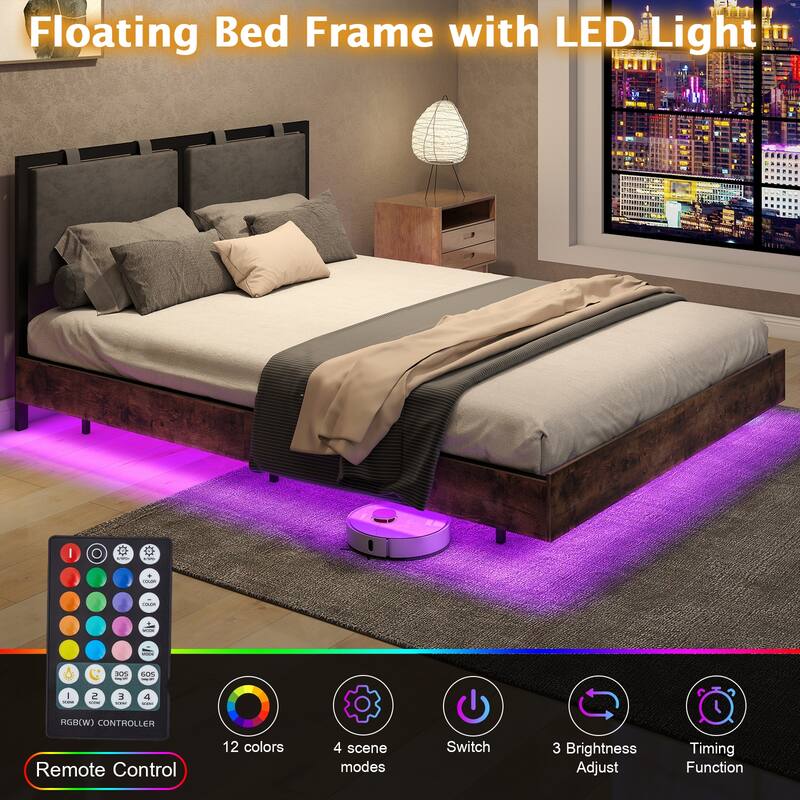 Floating Bed Frame with LED Lights, Hanging Upholstered Headboard No Box Spring Needed,Queen Size