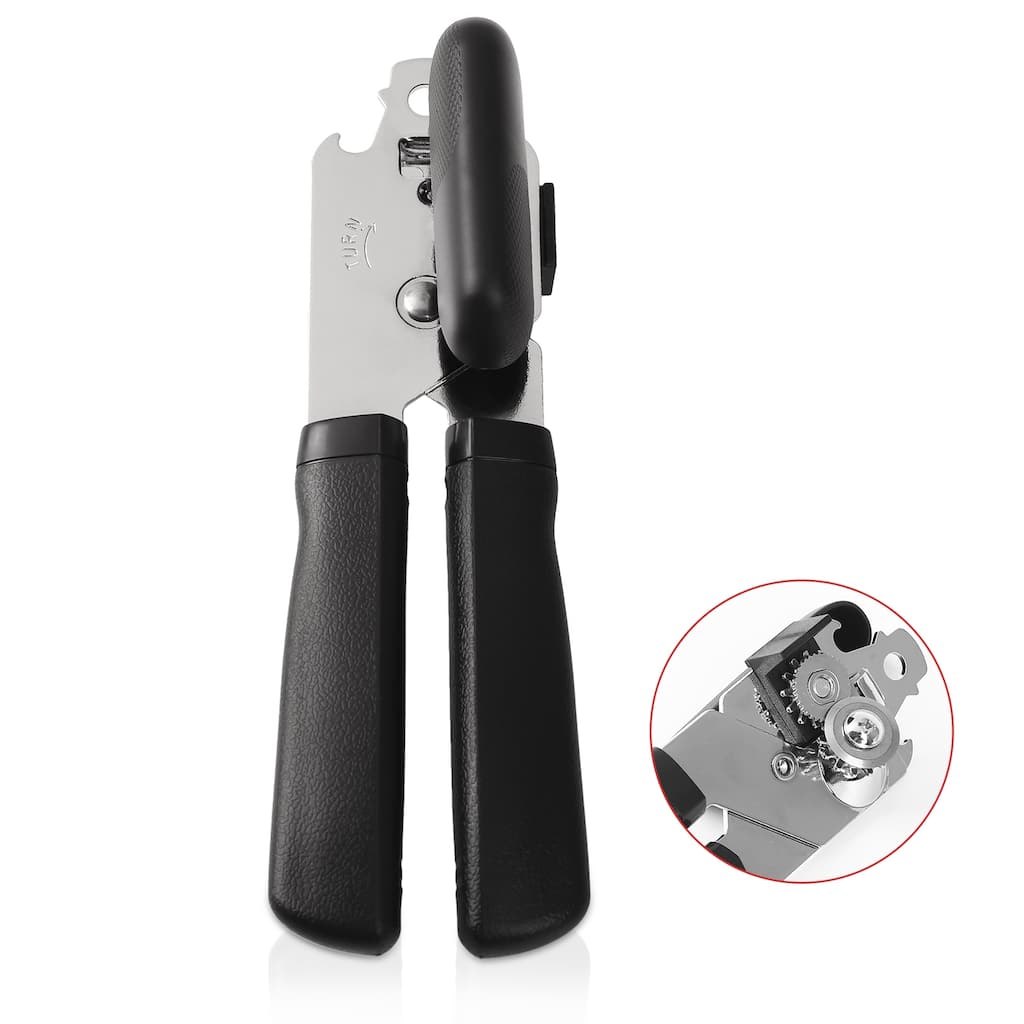 Multi-purpose heavy duty stainless steel smooth edge can opener with ergonomic handle