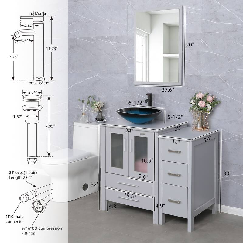 36" Bathroom Vanity Sink Gray Set with Side Cabinet Vessel Sink Mirror Faucet Combo